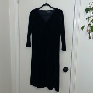 Lands End Black Velvet Holiday 3/4 Sleeve V Neck Dress 8